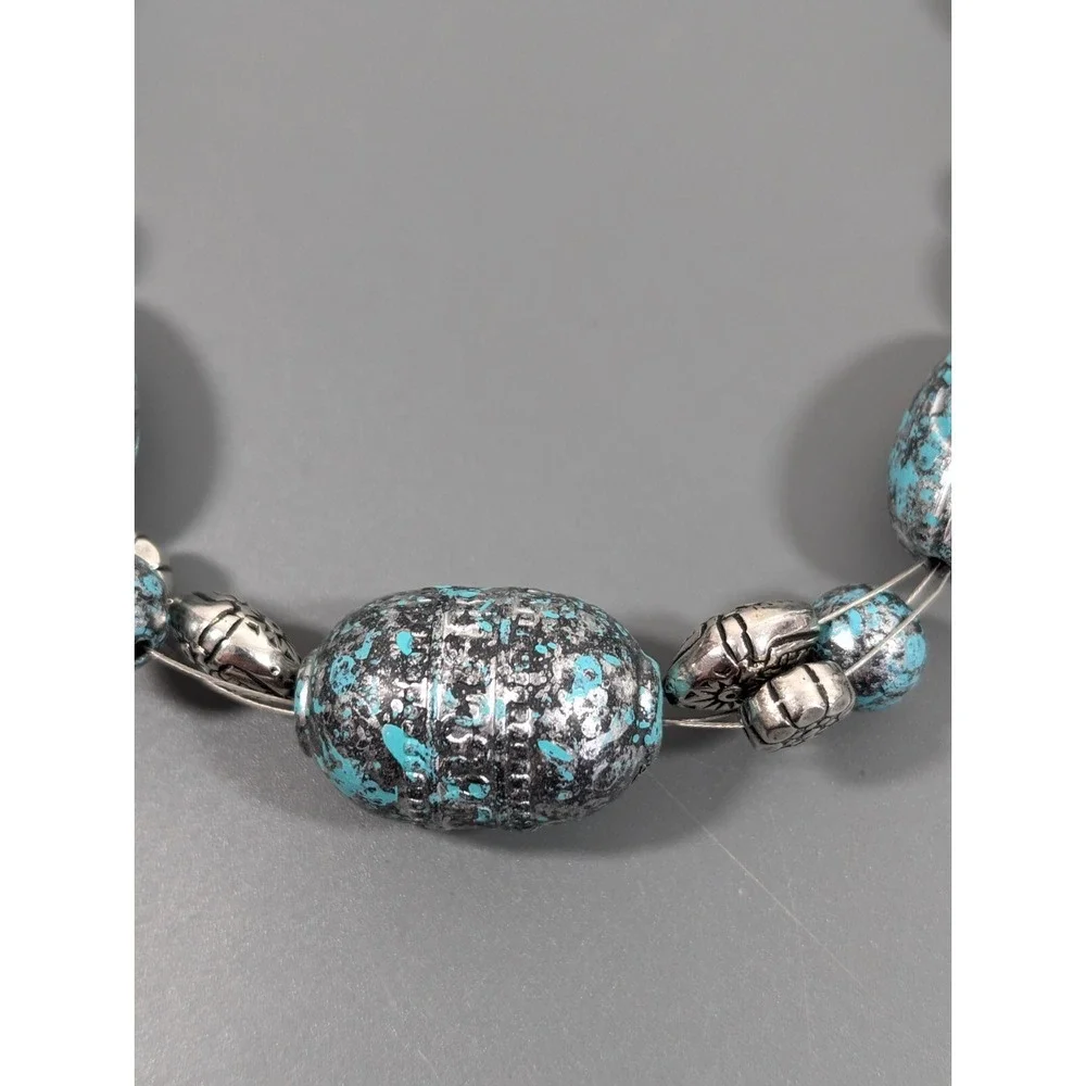 Retro Western Faux Patina Blue Silver tone Carved Style Bead Chunky Necklace 20
